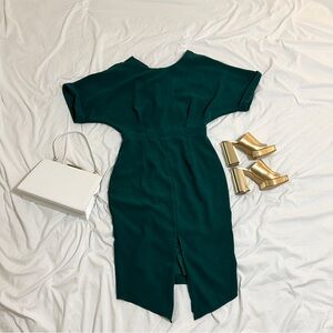 ASOS Green Midi Dress, Open V Back, Batwing Sleeves, Front Slit, US 10/ UK 14